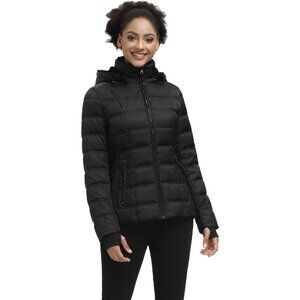 π Women Black Down Puffer Jacket Warm Winter Faux-Fur Collar Hood Coat Comfort
